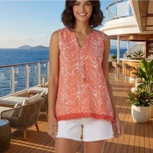 CARIBBEAN JOE Crocheted Sleeveless In Coral Fringed Hem Tropical Boho Top NWT